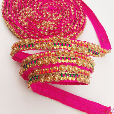 Fuchsia Pink Fabric Embroidered Trim with Gold Beads, Decorative Sari Trim, Trim By 3 Yards